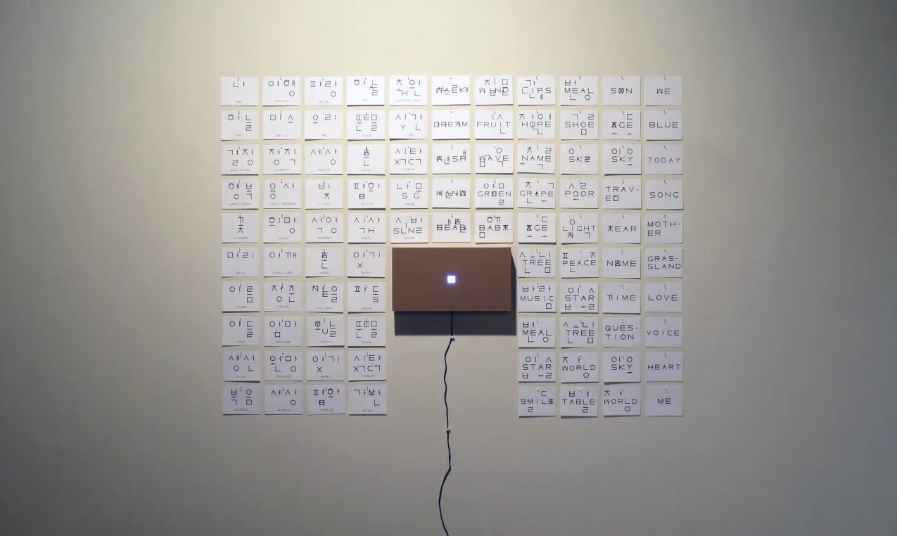 Gallery installation with unreadable words as getting close to center from both sides